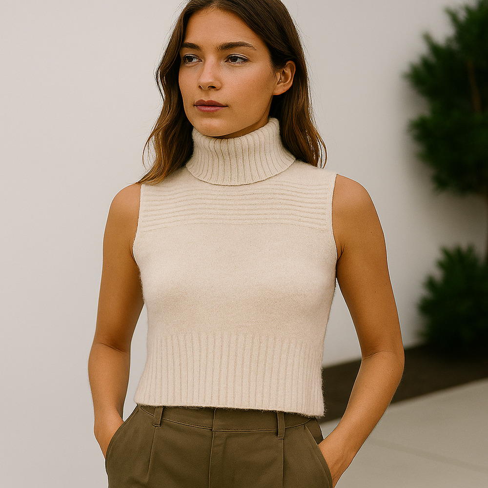 Maison de Papillon Mongolian Cashmere Crop Turtleneck Sweater Sleeveless CreamXS